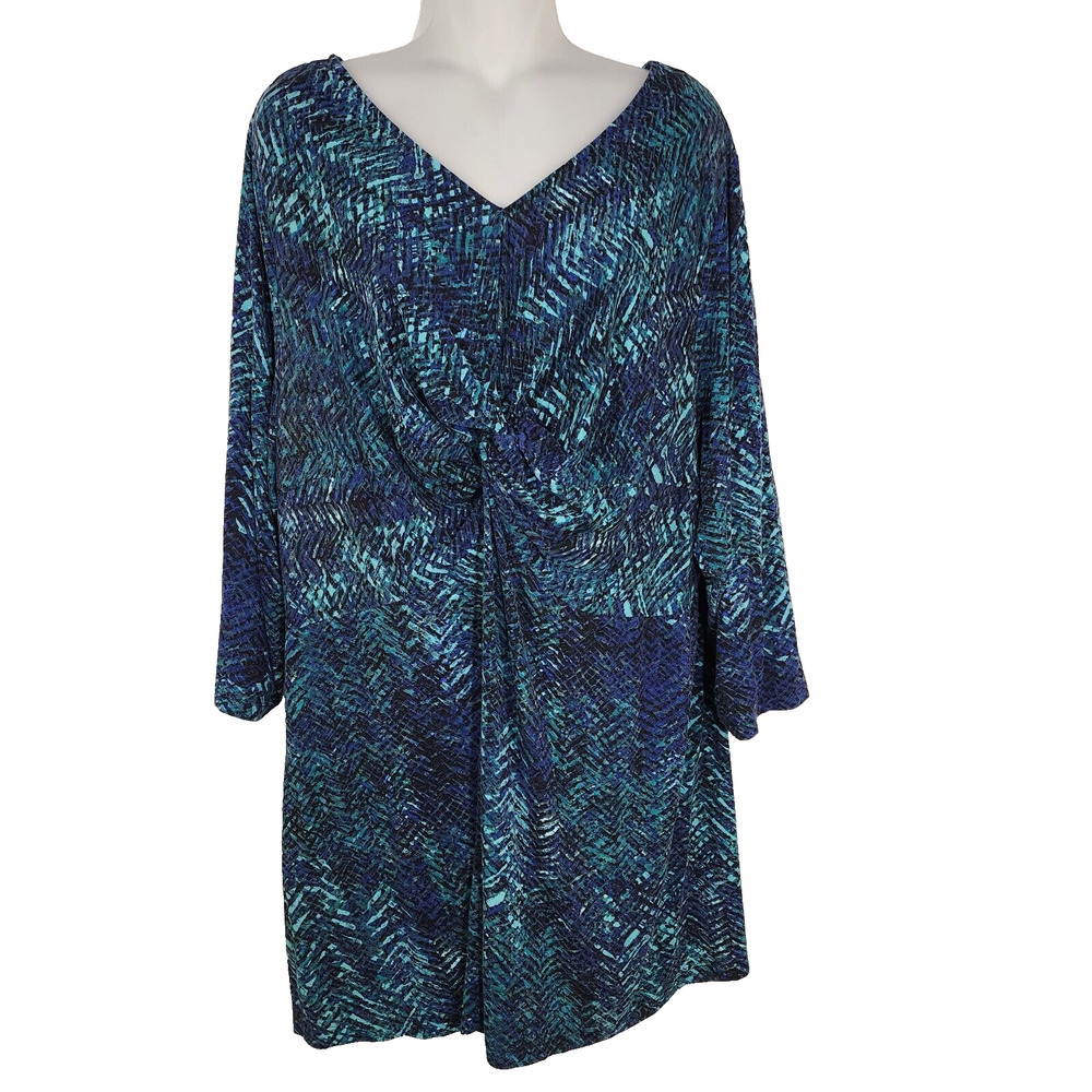 Catherines Tunic Top Sz 2X Twist Knot Front 3/4 Sleeve Knit Stretch Herringbone